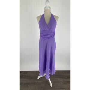 Willi Smith Halter Silk Dress Ruffled Waist Side Zip Polka Dot Purple Size 10
